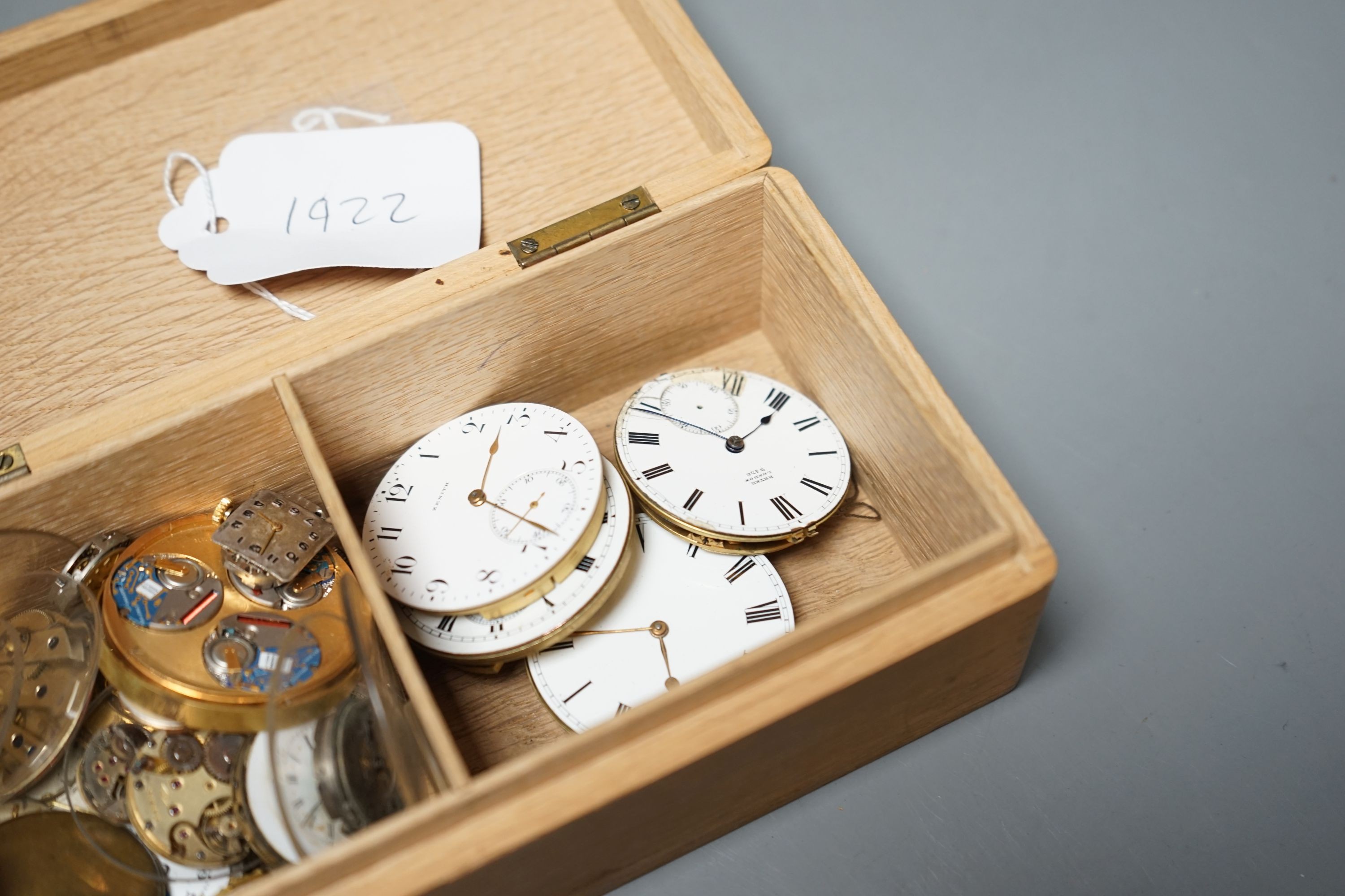 A small group of assorted wrist and pocket watch movements and dials, including Zenith.